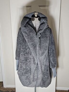 Gray Fuzzy Sherpa Fleece Oversized Cowl Hood Open-Front Cardigan Coat One Size